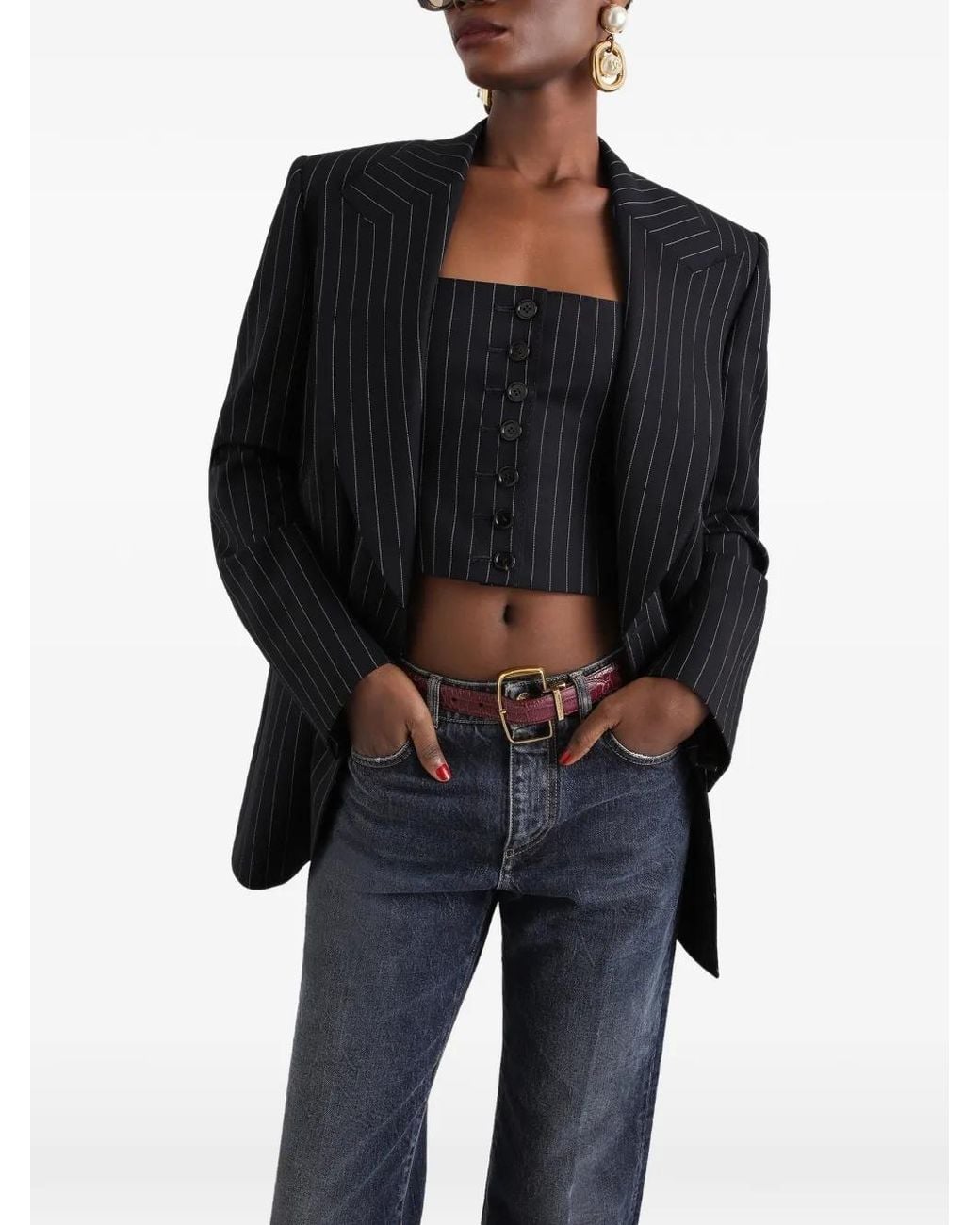 Dolce & Gabbana Black Veste Croisée En Laine À Fines Rayures Linda