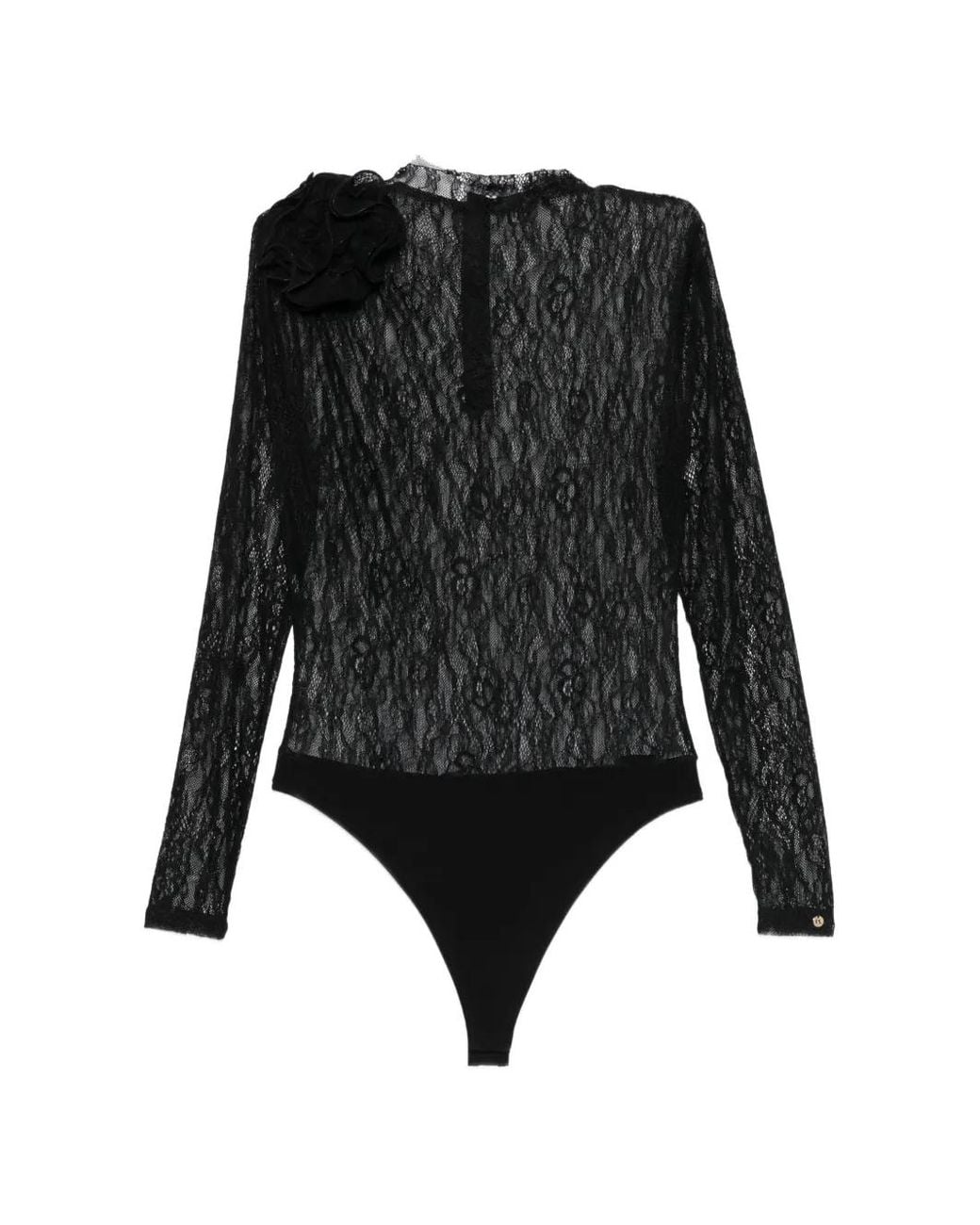 Nissa Black Floral-Detail Lace Bodysuit