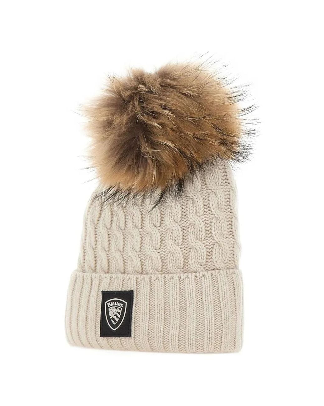 Blauer Natural Bonnet En Maille Torsadée À Pompon