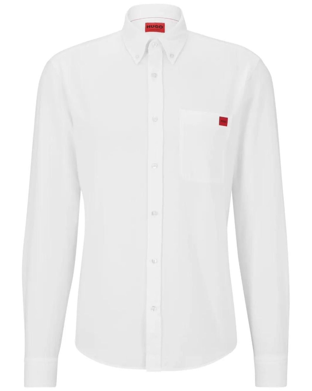 HUGO White Logo-Appliqué Cotton Shirt for men