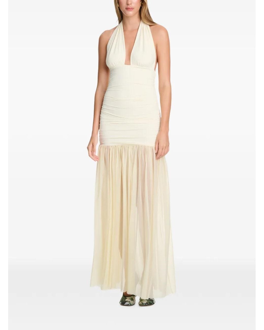 Axel 113 Natural Stasi Ruched-Body Sheer-Skirt Fitted Maxi Dress