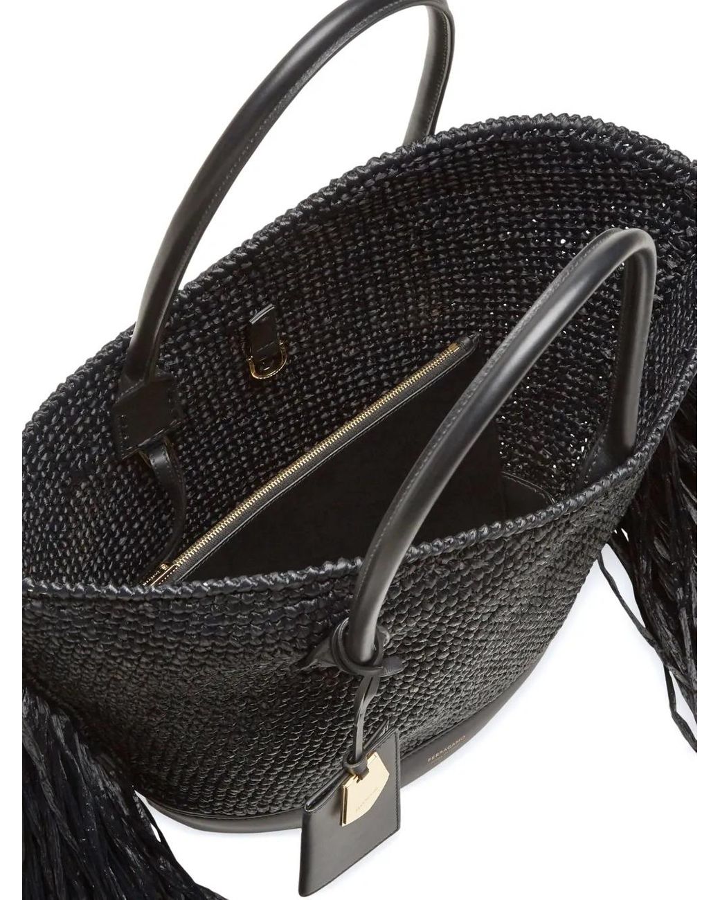Ferragamo Black Fringed Raffia Tote Bag