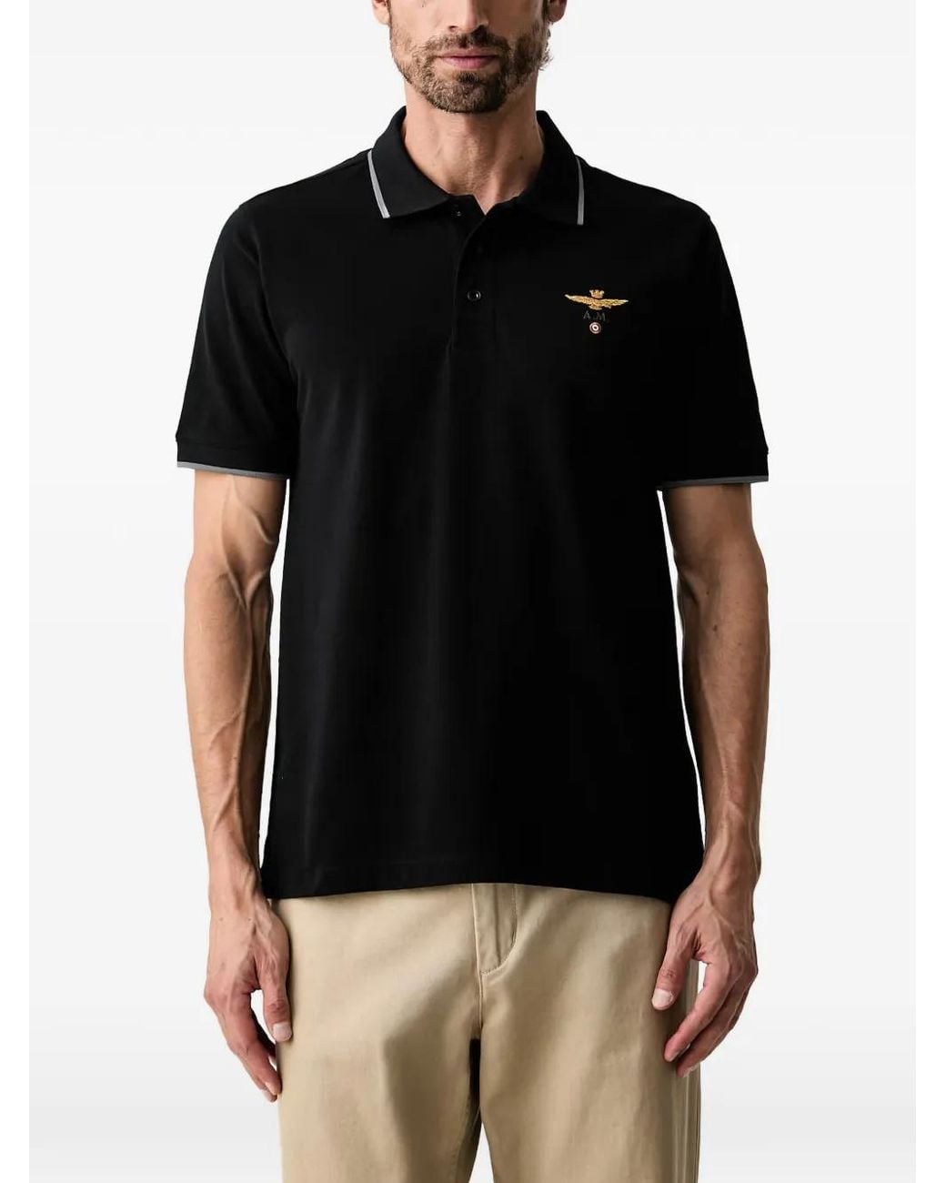 Aeronautica Militare Black Embroidered-Logo Polo Shirt for men