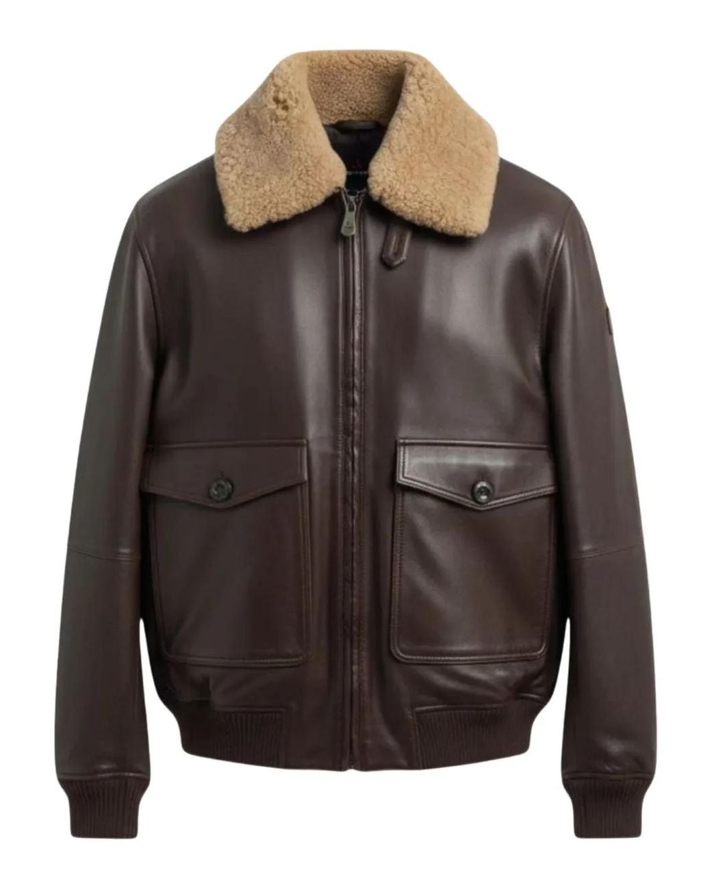 Peuterey Gray Leather Jacket With Shearling Collar And Ribbed Details for men