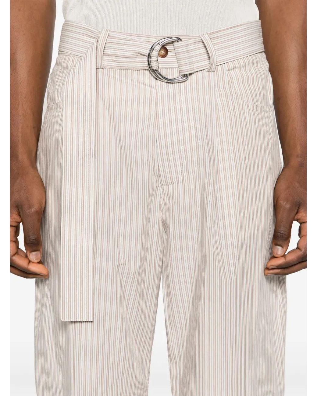 Nanushka White Ferre Pinstriped Belted Trousers for men
