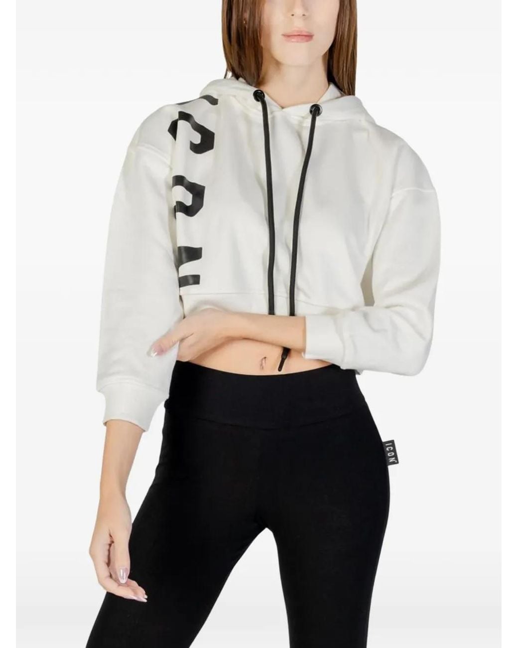 Icon Brand White Logo-Print Cropped Hoodie