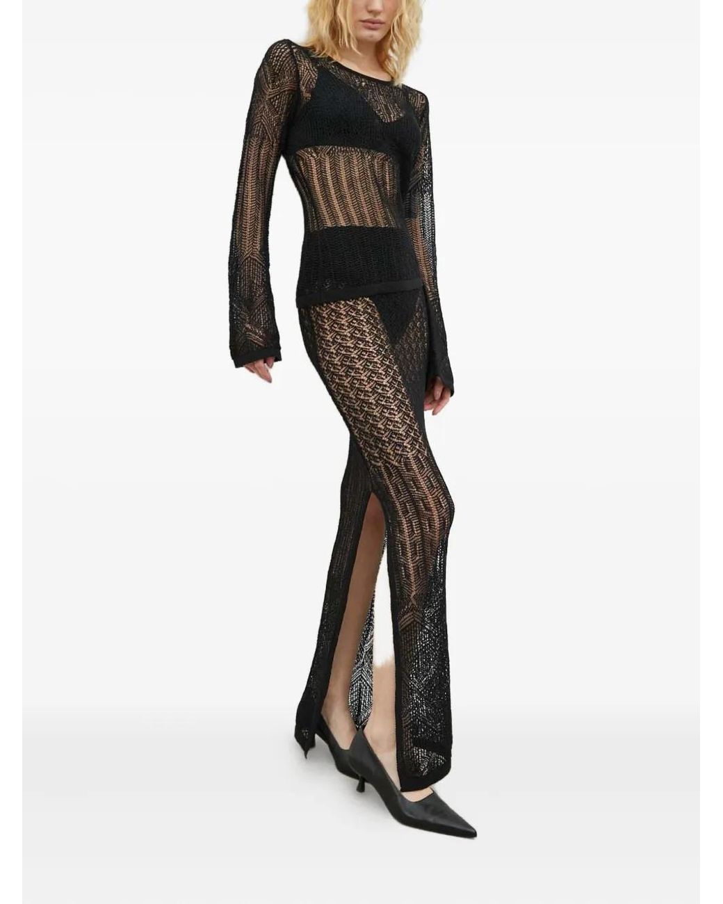 Herskind Black Open-Work Slit Maxi Skirt