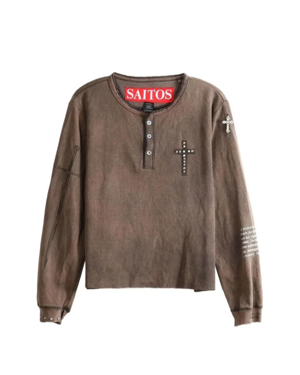 SAITOS Brown Public Image Distressed Long-Sleeve Henley T-Shirt