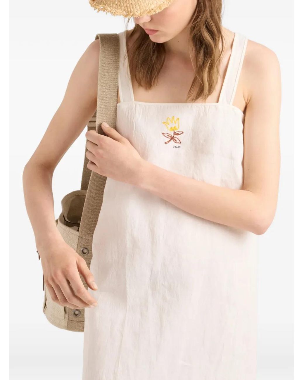 Prada White Embroidered Slubbed Fabric Mini-Dress