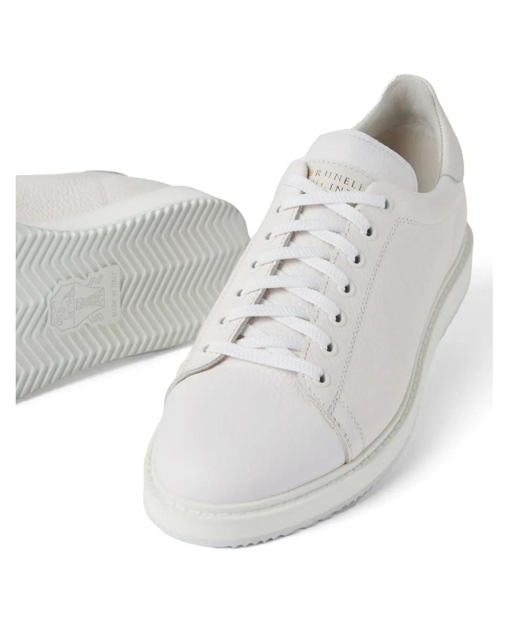 Brunello Cucinelli White Grained Leather Sneakers for men
