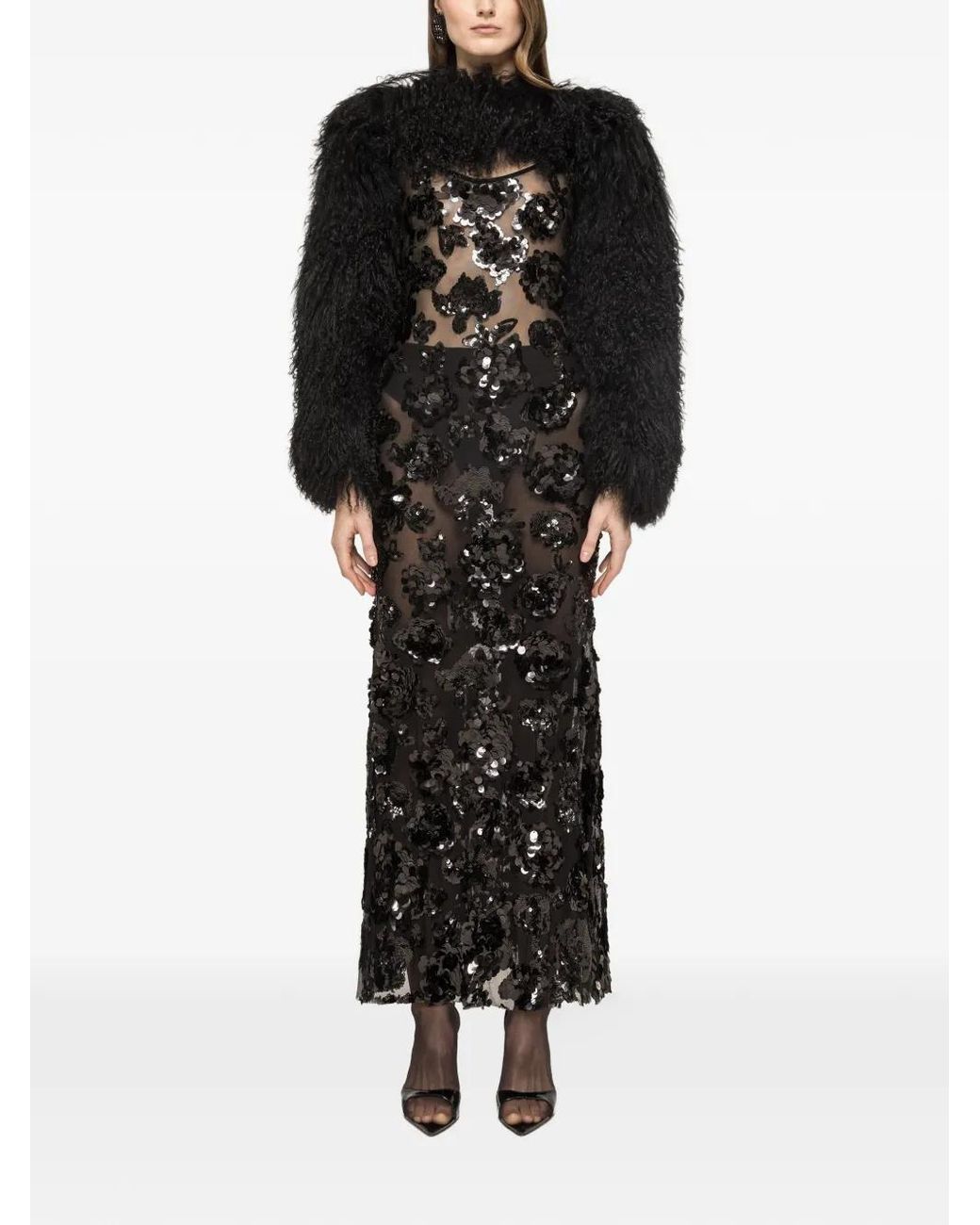 Nissa Black Sequinned Tulle Maxi Dress