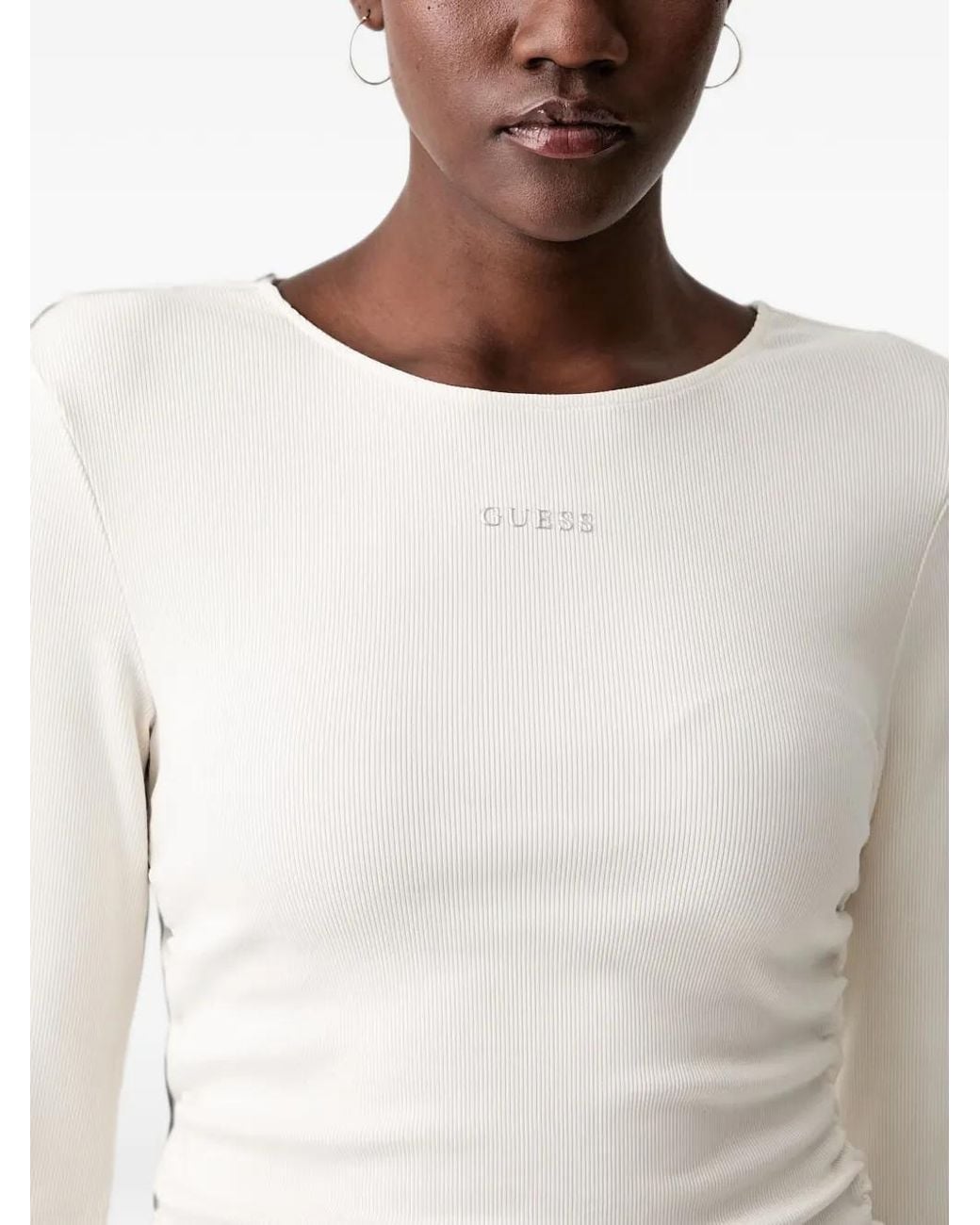 Guess White Ribbed-Knit Ruched-Side T-Shirt