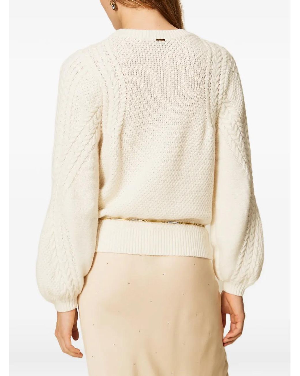 Twinset White Wool Blend Sweater With Cable-Knit And Rhinestones