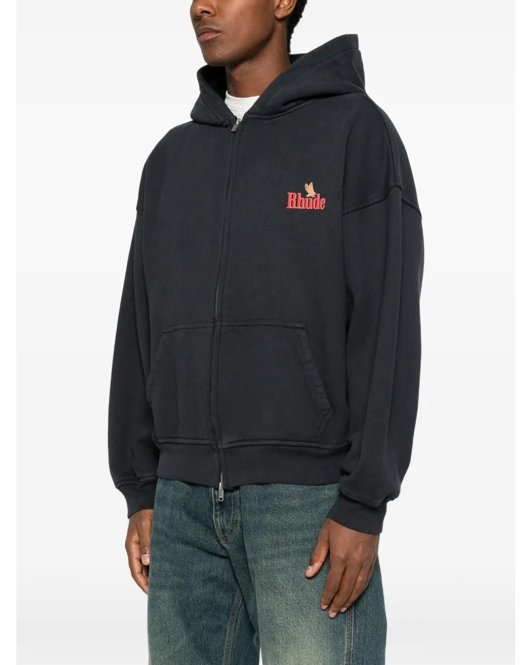 Rhude Black Graphic-Print Zip-Up Hoodie for men