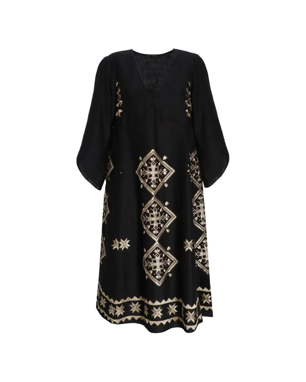 Greek Archaic Kori Black Lefkada Bell-Sleeve Midi Dress