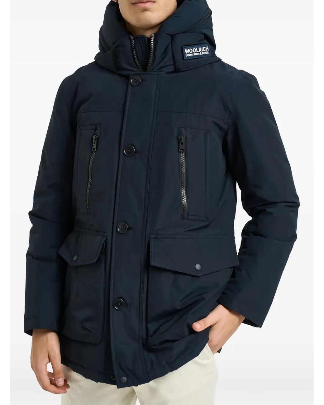 Woolrich Blue Hooded Logo-Patch Coat for men