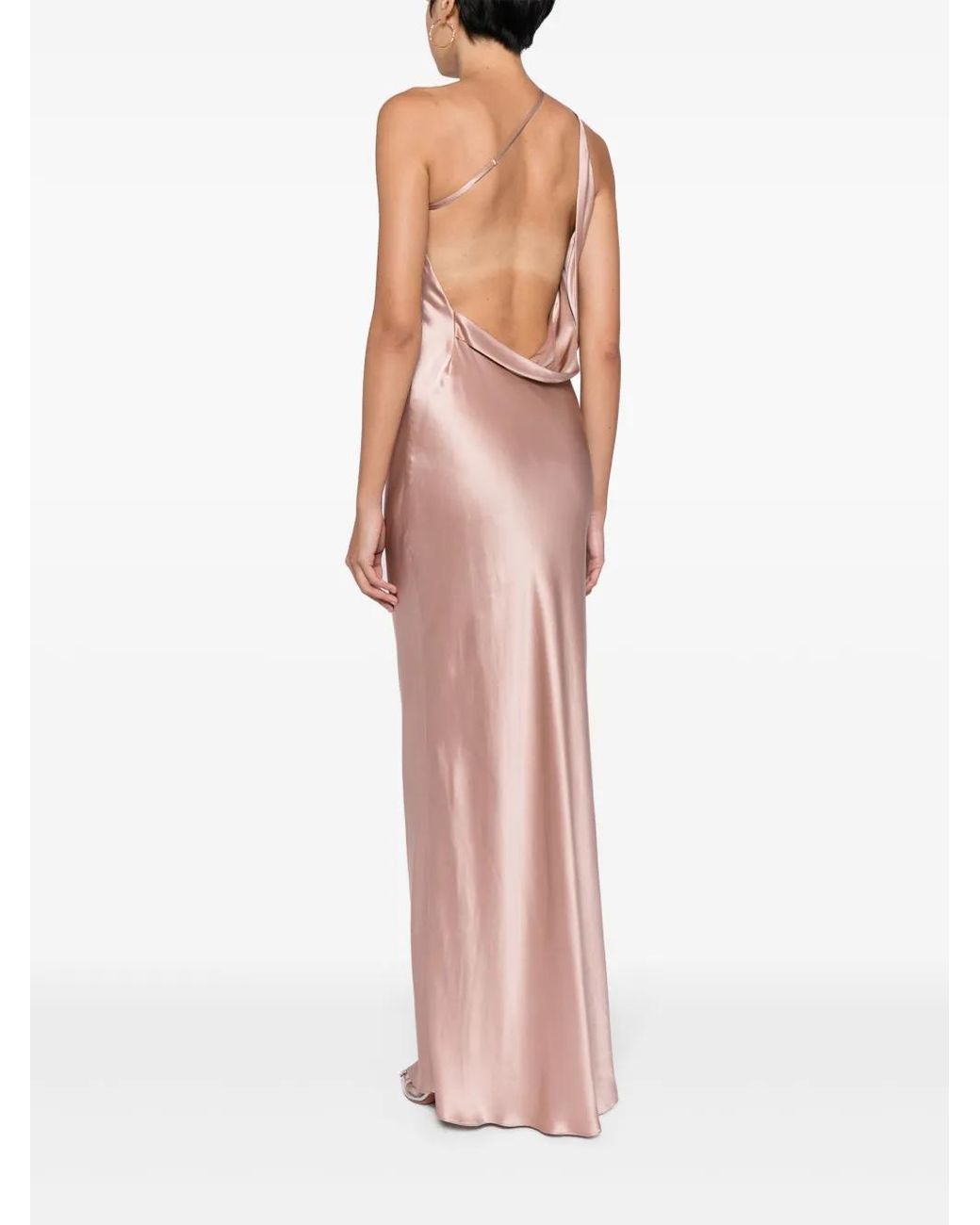 Michelle Mason Pink One-Shoulder Bias Silk Gown