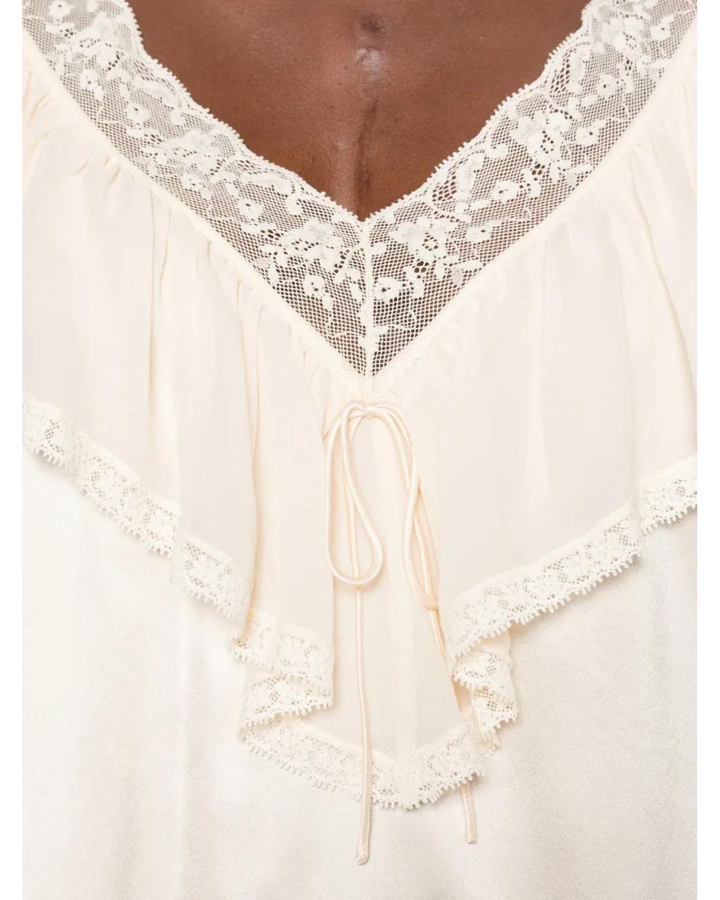 Doen White Yadira Lace-Trimmed Ruffled Blouse