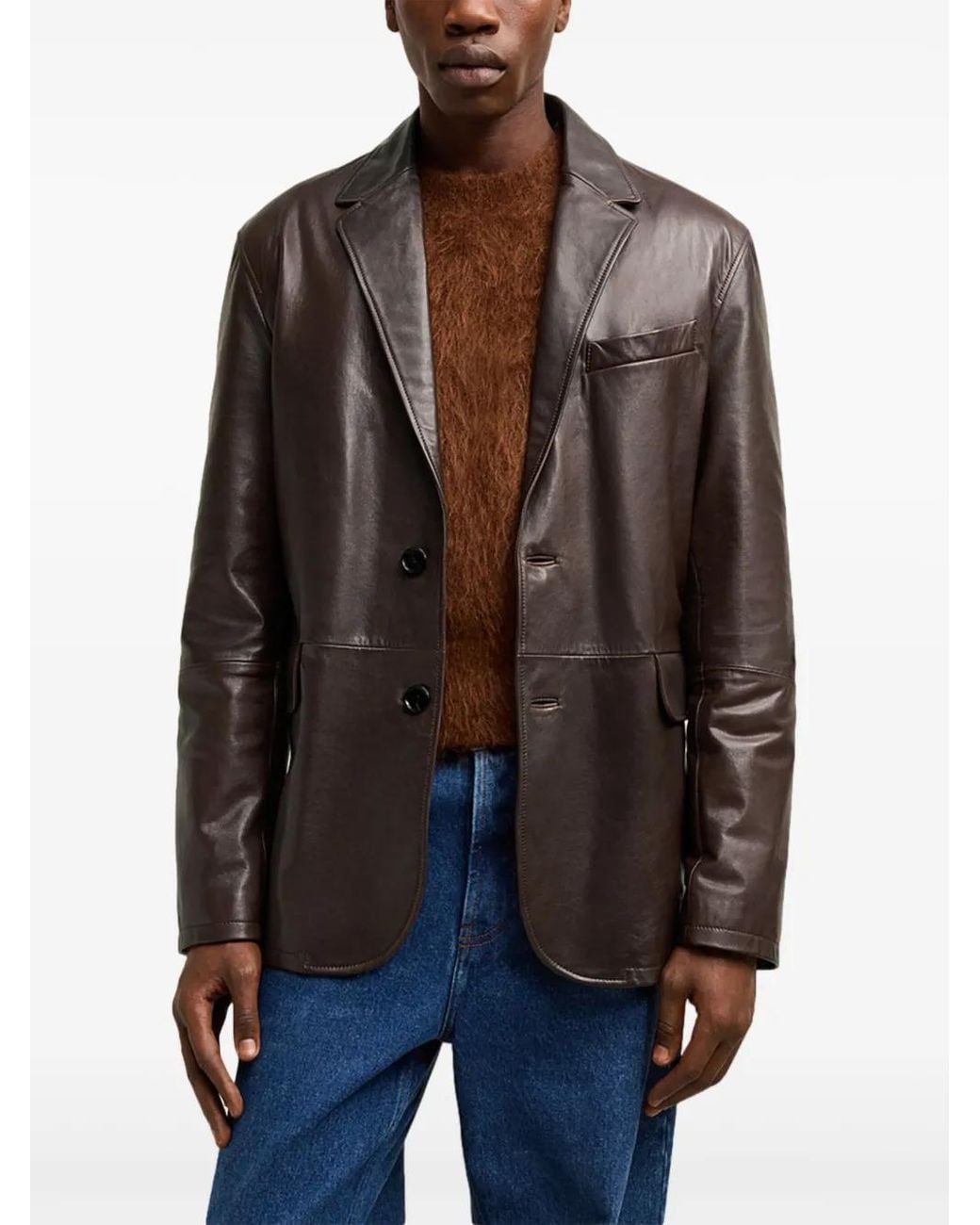 AMI Black Leather Blazer Jacket Dark Coffee for men