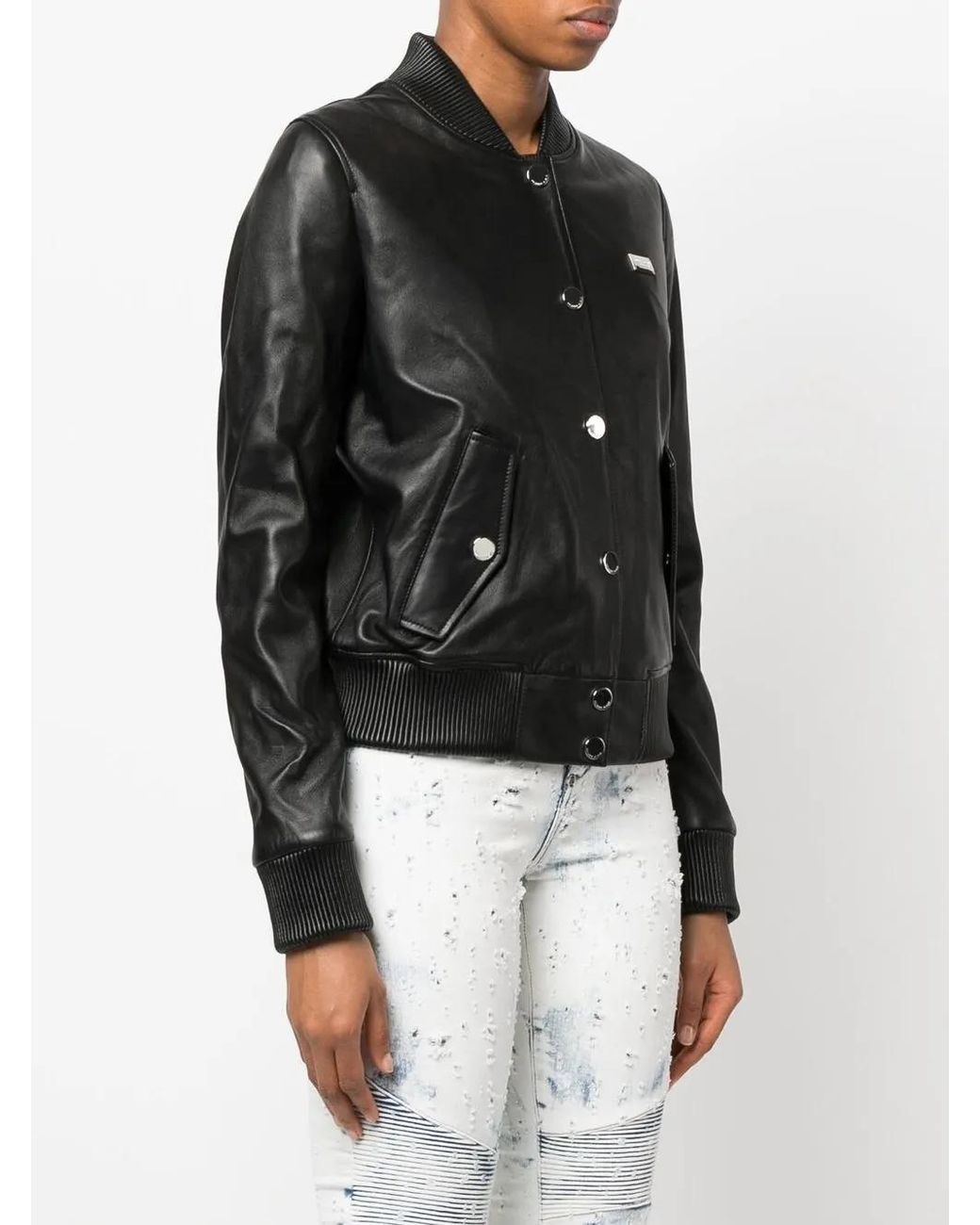 Philipp Plein Black Leather Bomber Jacket