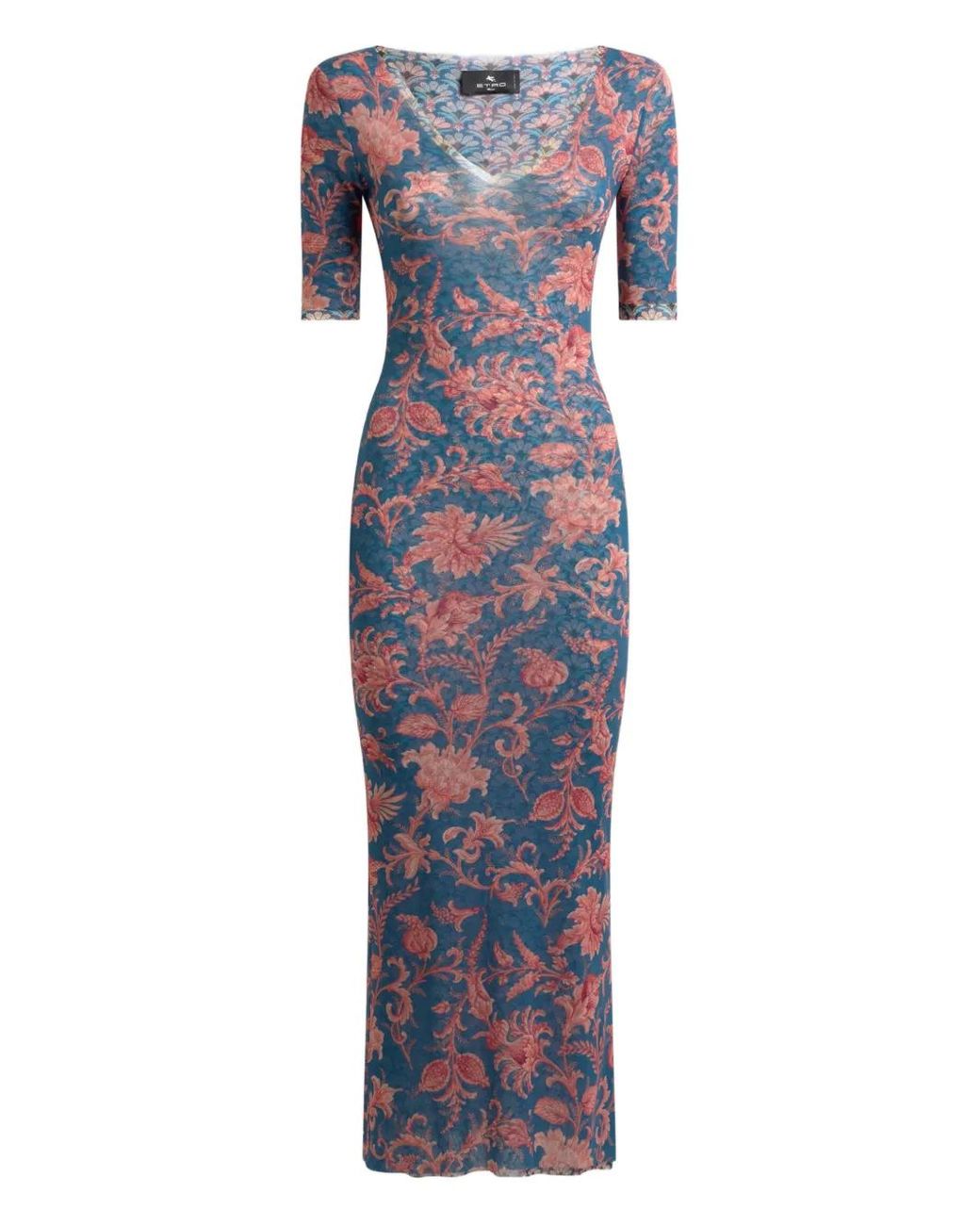 Etro Blue V-Neck Floral Motifed Midi Dress