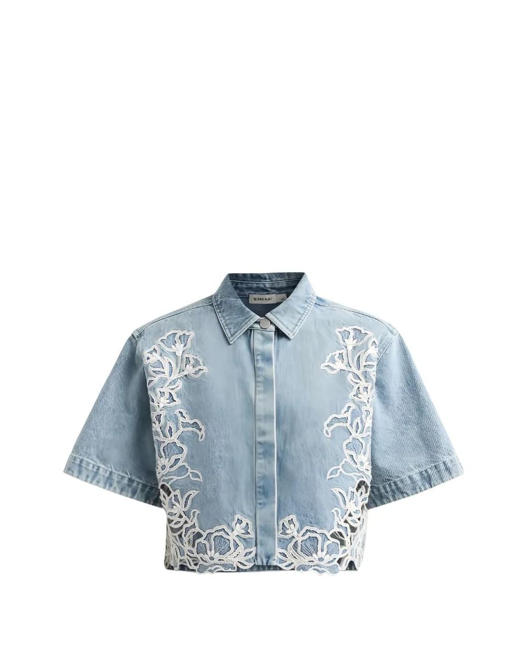 Jonathan Simkhai Blue Chemise Crop Albaine À Broderies En Jean