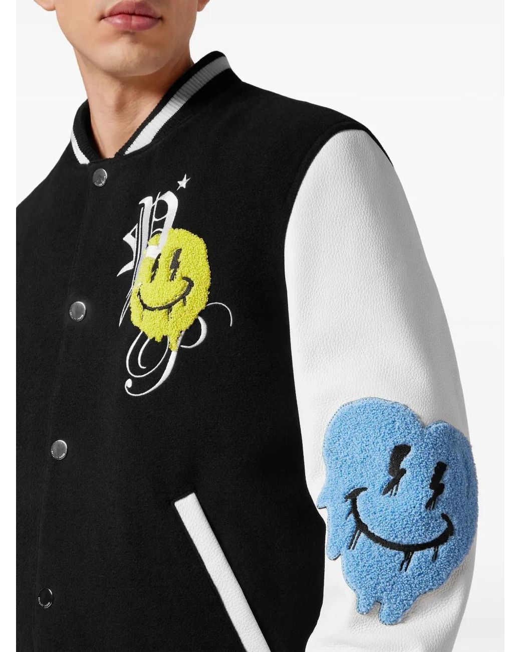 Philipp Plein Black Smile-Appliqué Varsity Jacket for men