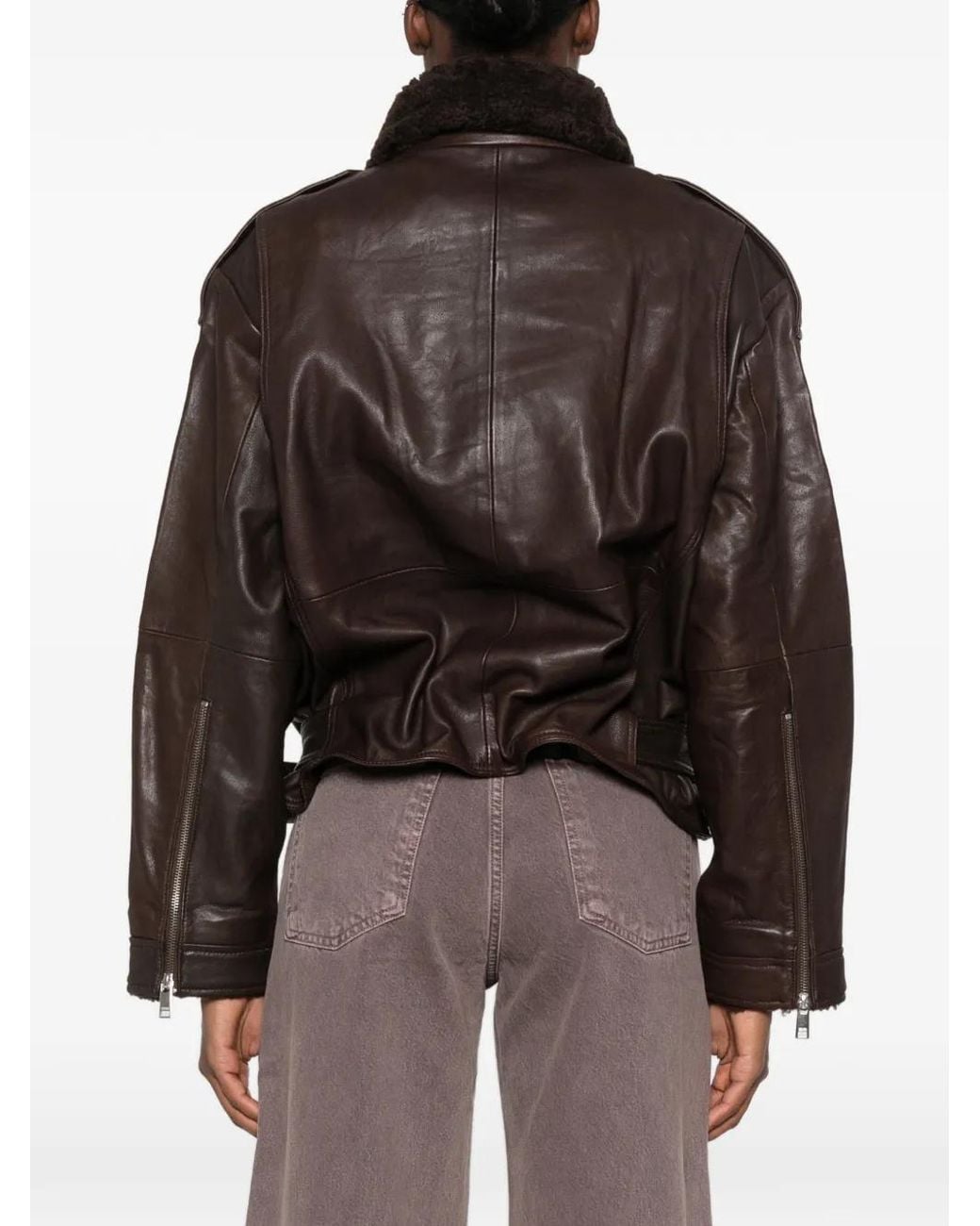Gestuz Brown Veste Ceinturée À Col En Peau Lainée