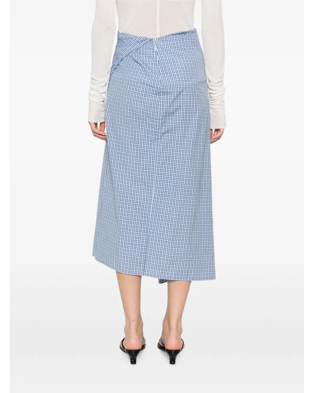6397 Blue Gingham-Check Asymmetric Wrap Skirt