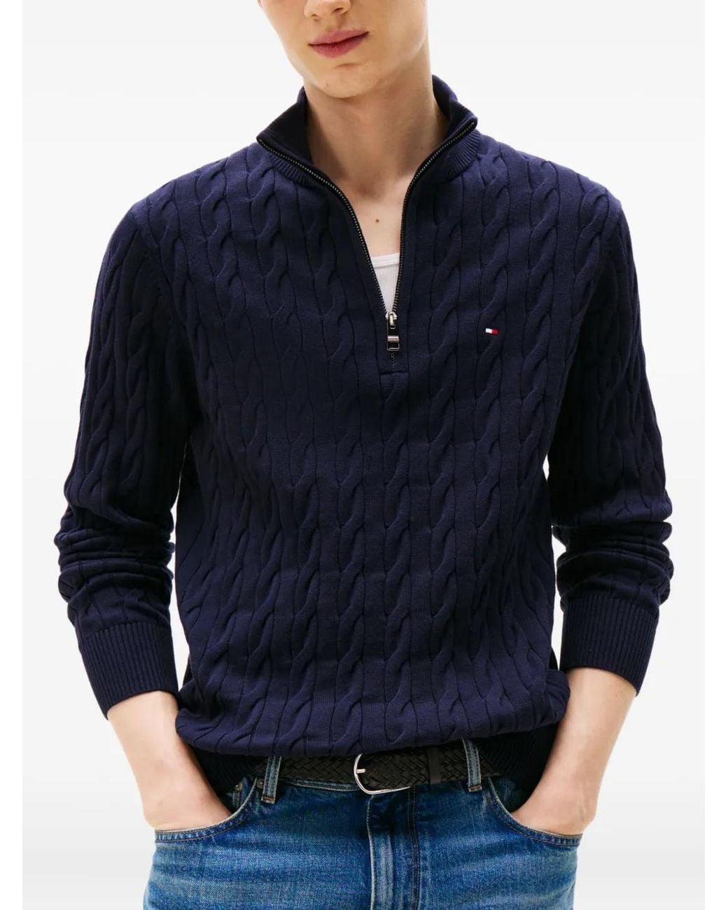 Tommy Hilfiger Blue Pull En Maille Torsadée À Col Zippé for men