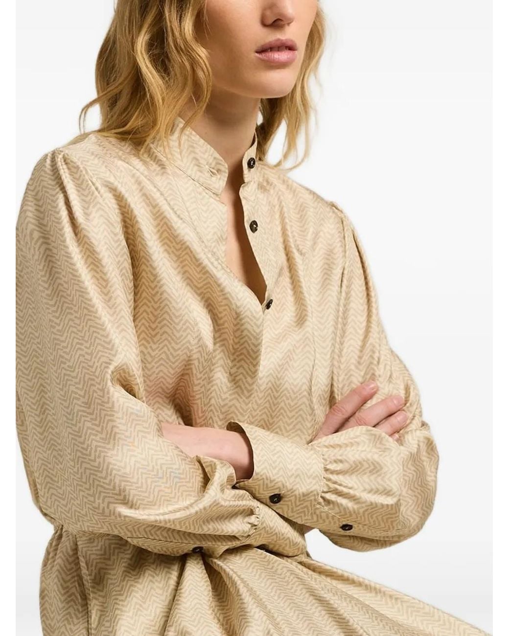 Kiton Natural Chevron-Jacquard Silk Shirt Midi Dress