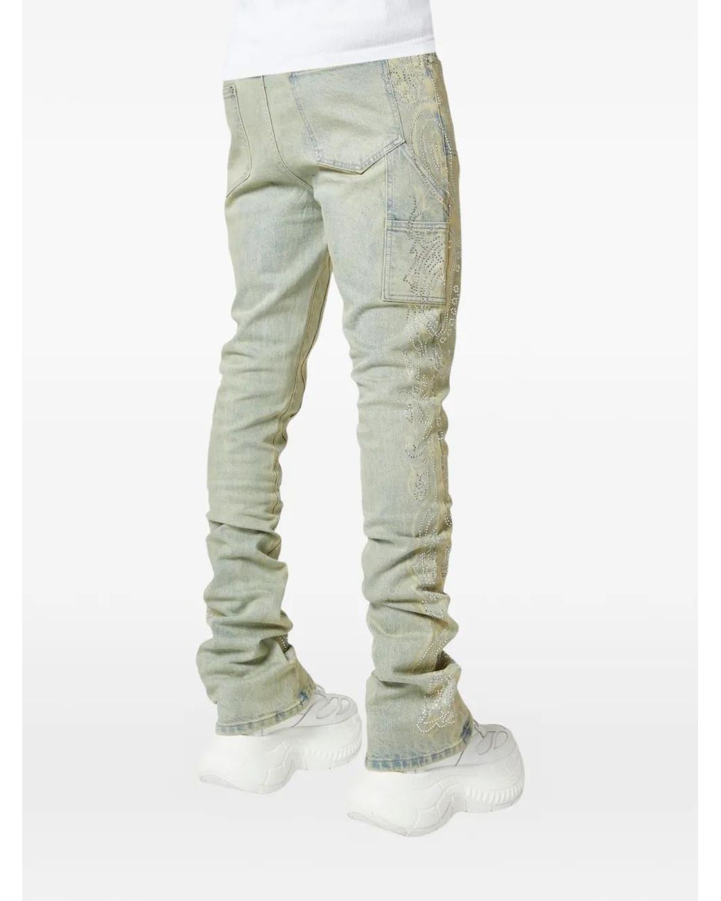 GUAPI Gray Crystal-Studded Paisley-Print Jeans for men
