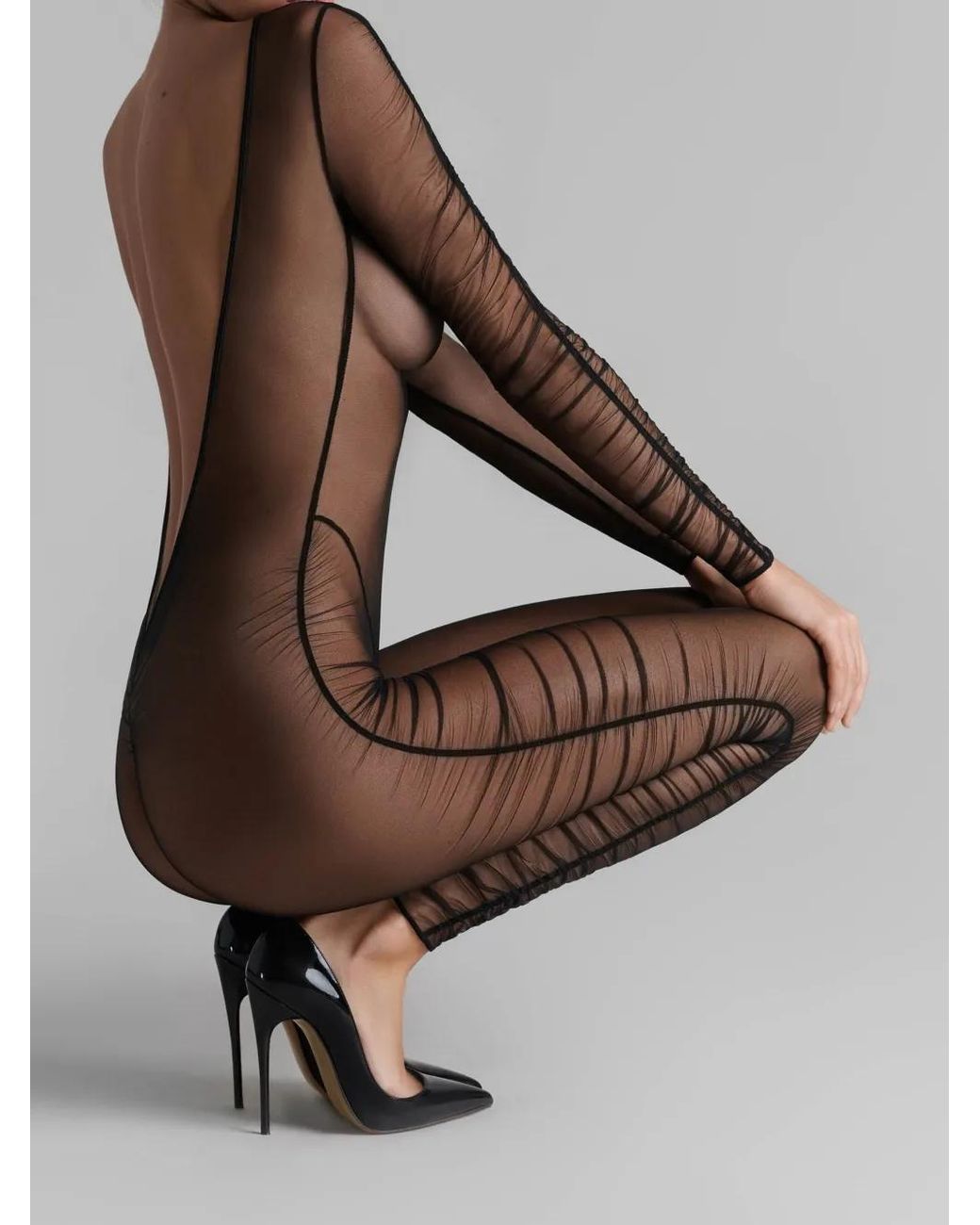 Scandale Gray Sheer Ruched Catsuit