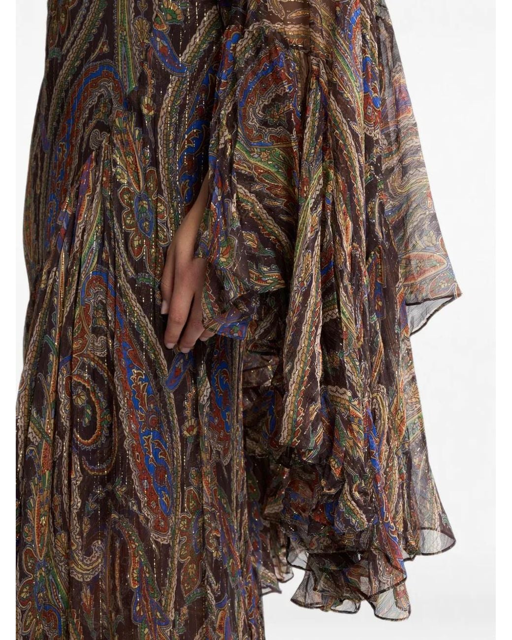 Etro Brown Silk Long Dress With Ruffles And Paisley Motif