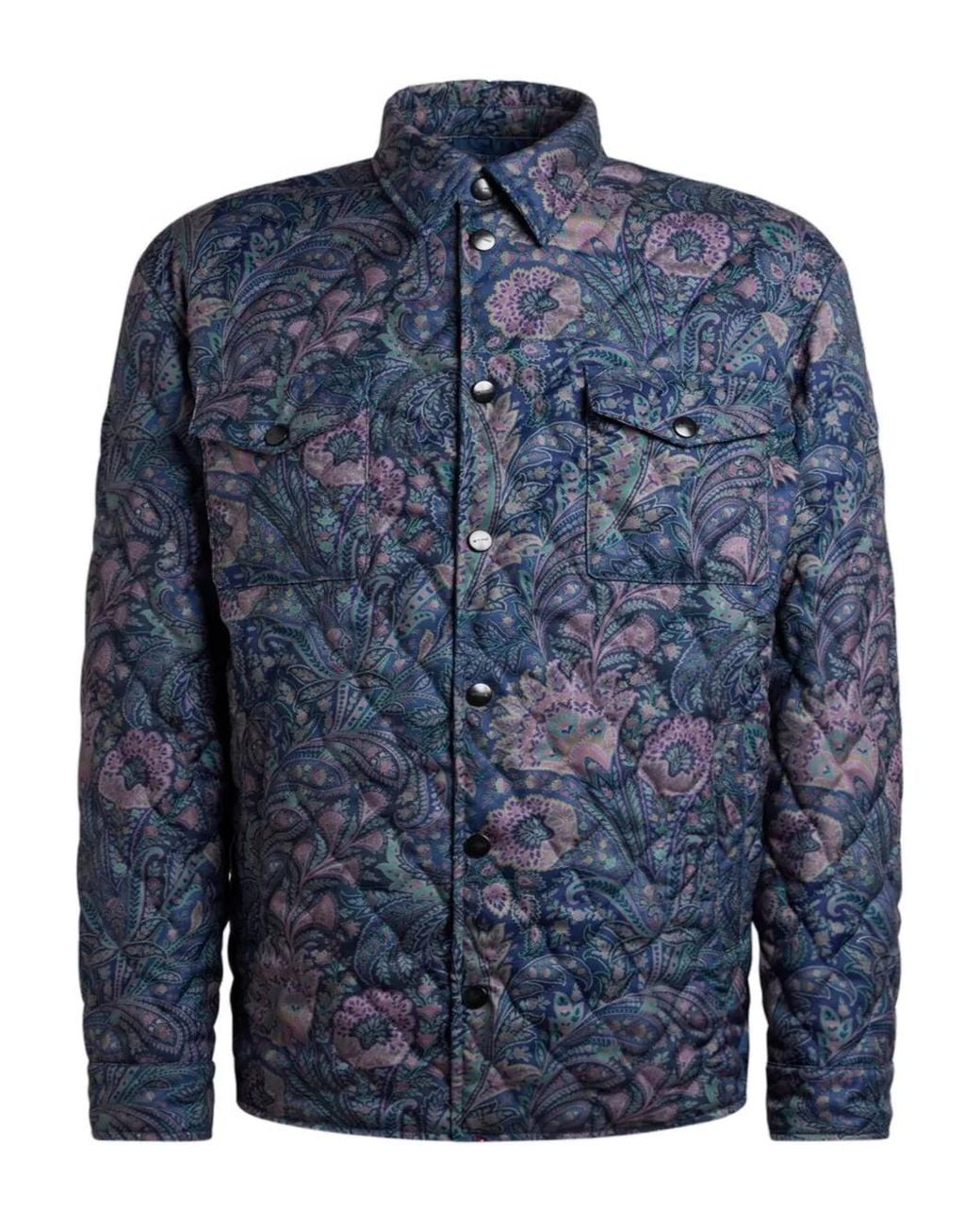 Etro Blue Quilted Overshirt With Floral Paisley Motif for men