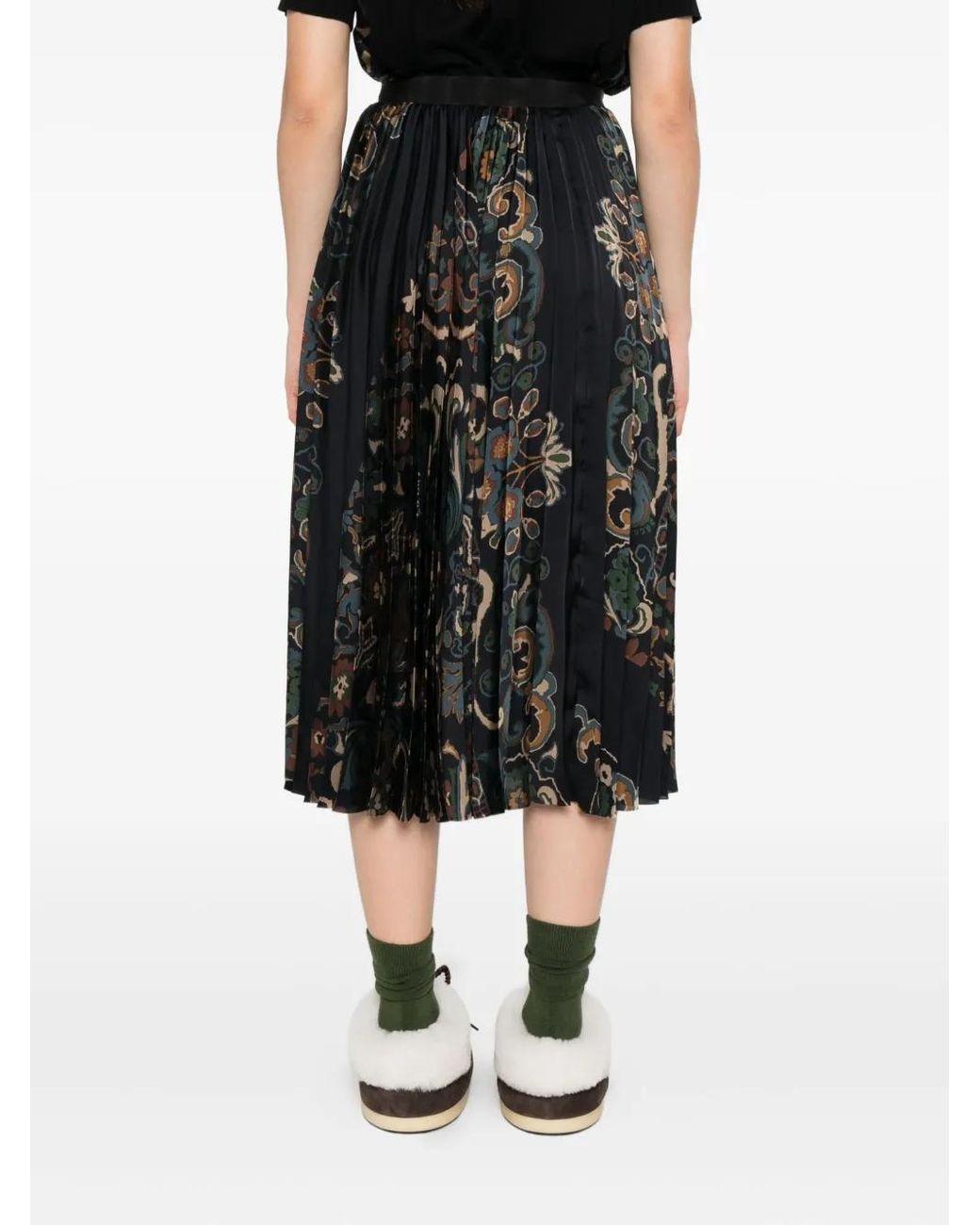 Sacai Black Pleated Paisley Print Skirt