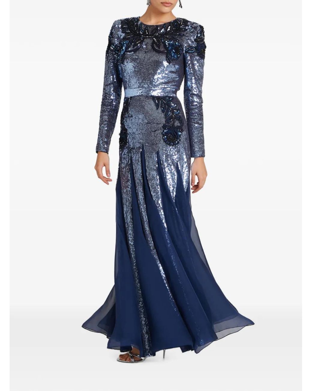 Temperley London Blue Robe Longue Porta À Fleurs Brodées
