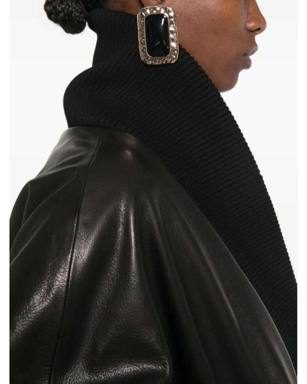 Magda Butrym Black Leather Bomber Jacket With Knit Shawl Collar