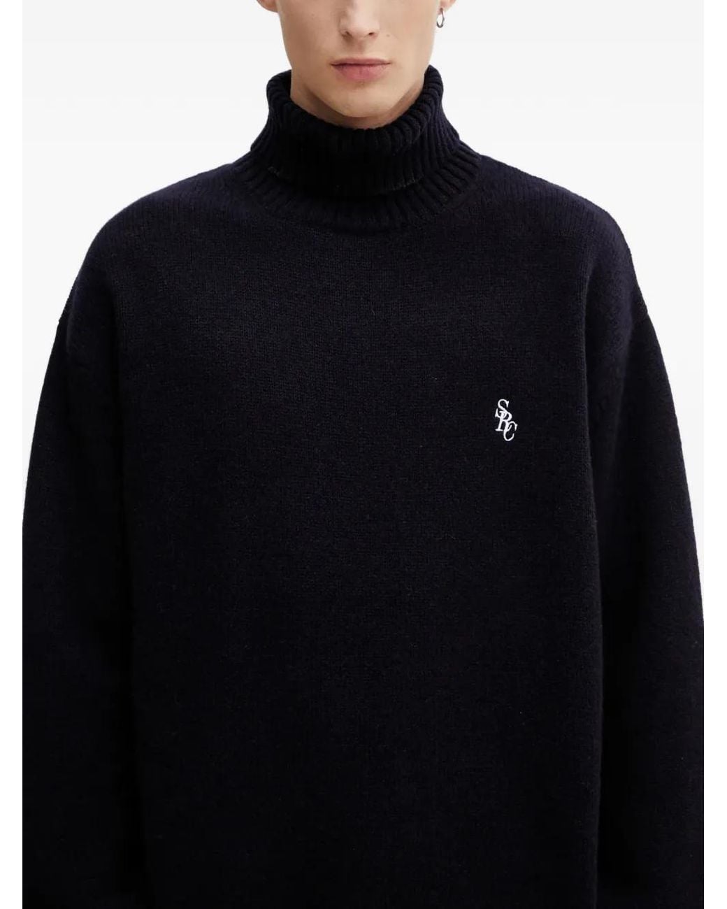Sporty & Rich Blue Roll-Neck Embroidered Sweater for men