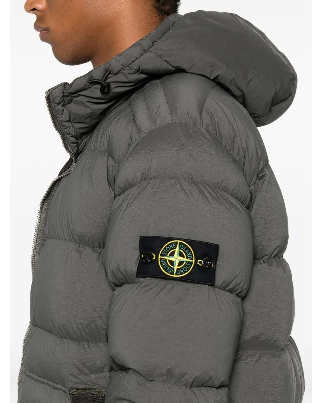 Stone Island Gray Quilted Hooded Down Jacket With Distinctive Patch Logo for men