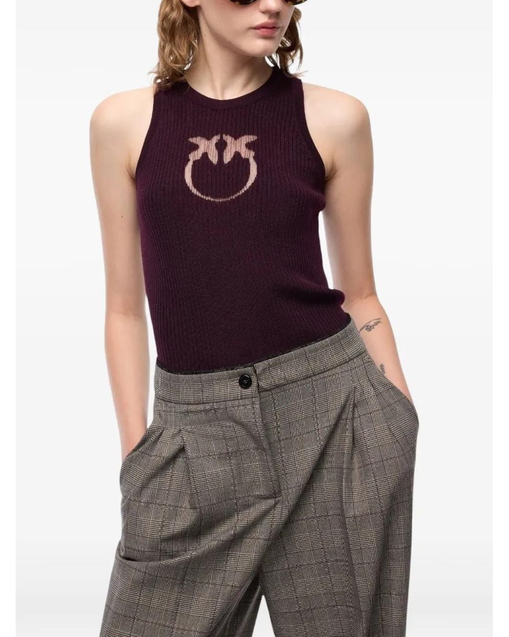 Pinko Purple Ribbed Top With Sheer Love Birds Logo