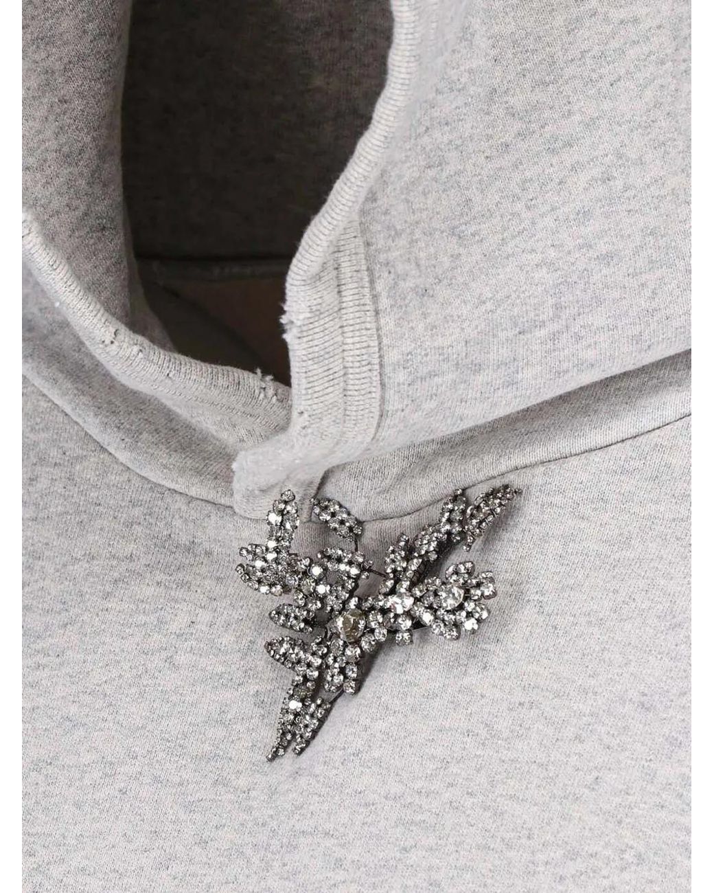 Prada Gray Cotton Fleece Hoodie With Jewel Brooch