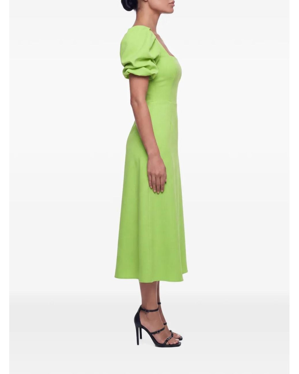 POST MERIDIEM Green Square-Neck Puff-Sleeve Midi Dress