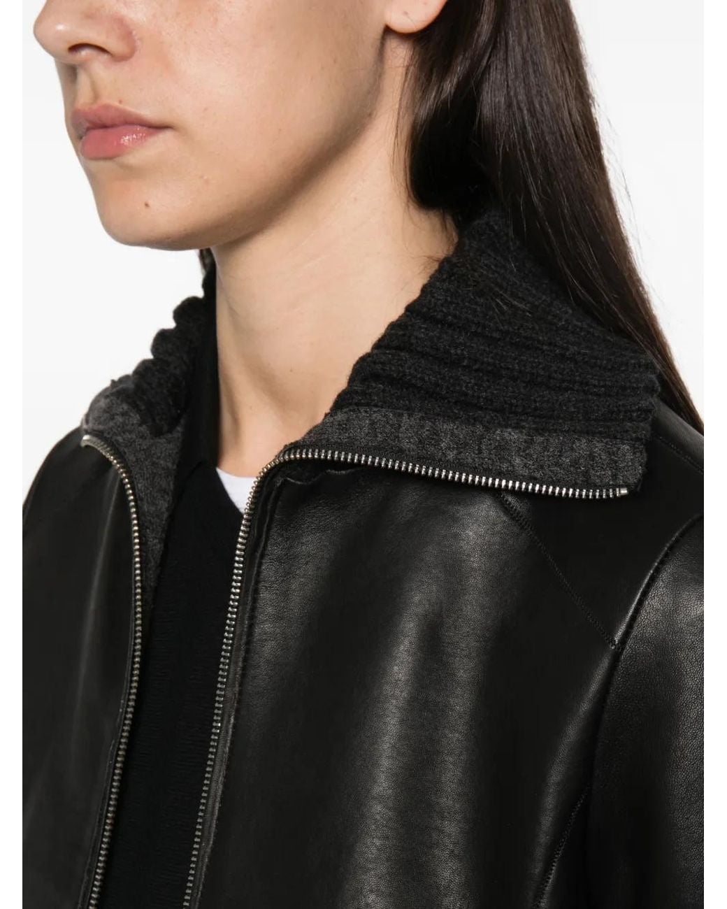 The Jackie Leathers Black Tilde Ribbed-Knit Collar Leather Jacket