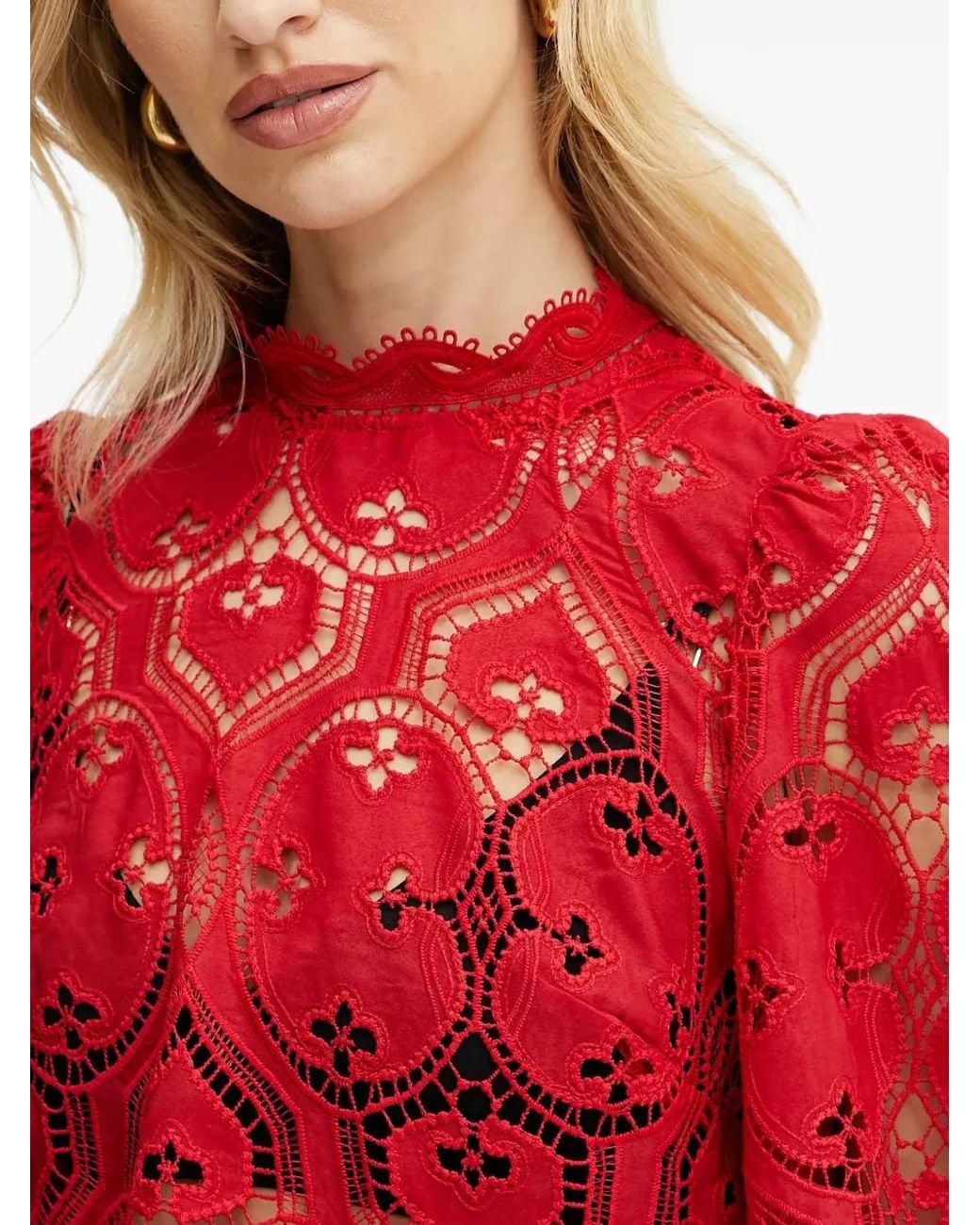 Morgan Red Lace Scalloped-Hem Blouse