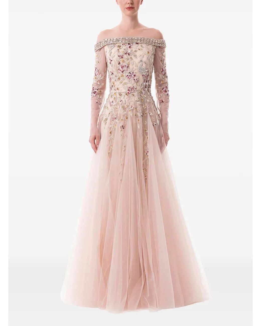 Dina Melwani Pink Peacock-Embroidered Off-Shoulder Maxi Dress