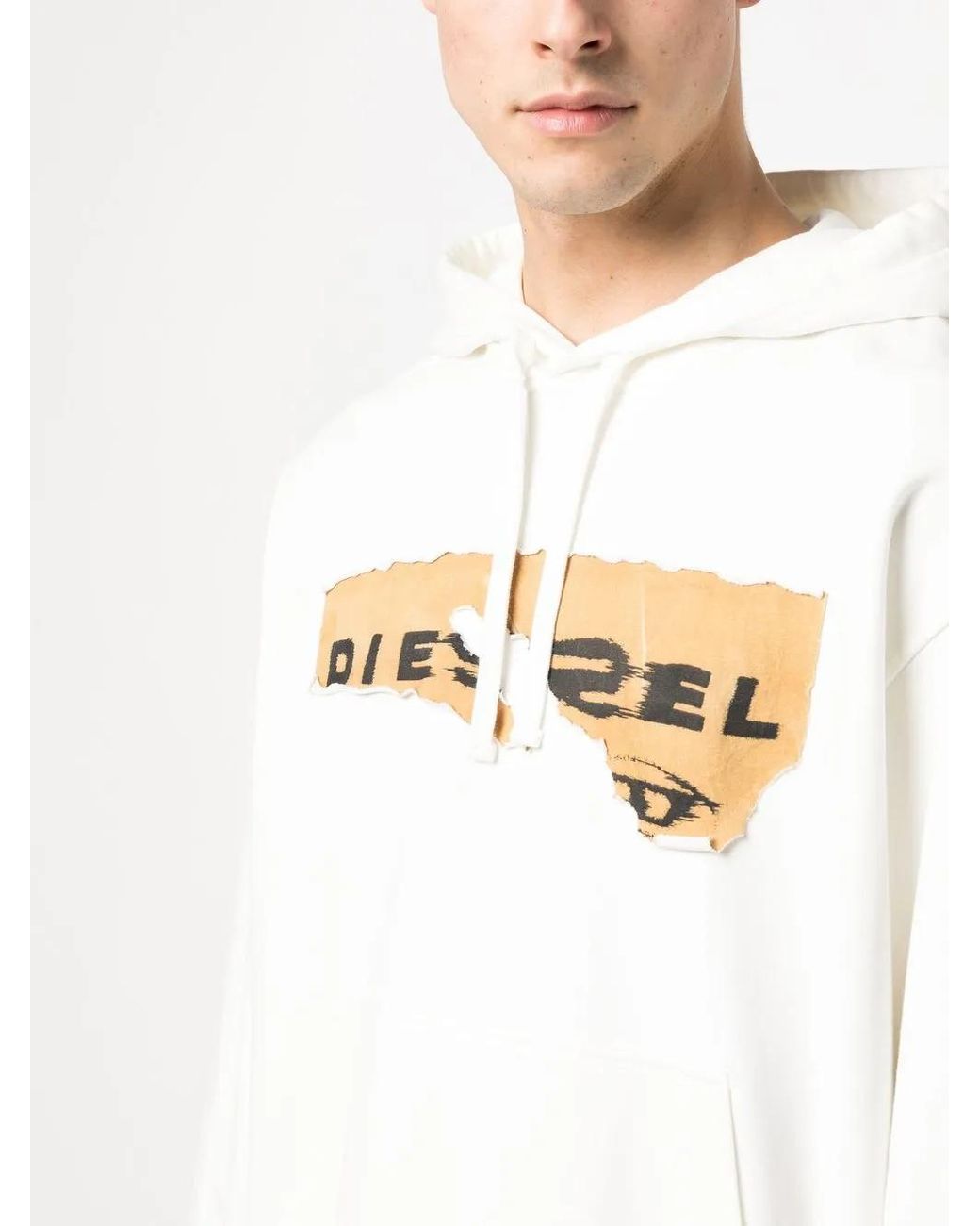 DIESEL White Ripped Logo Print Hoodie for men