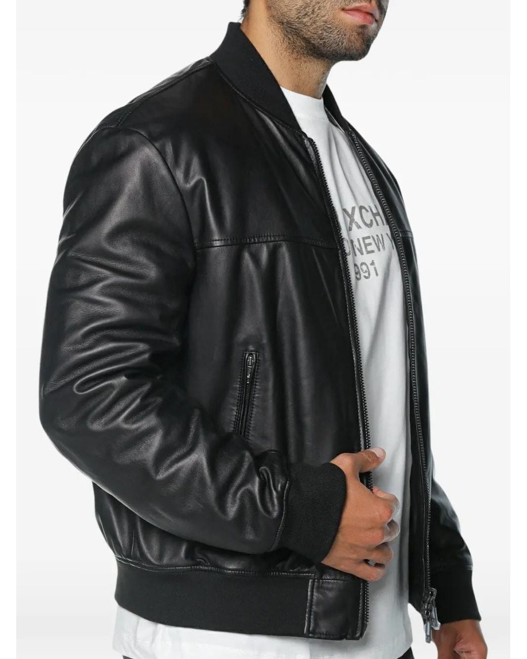 ARMANI EXCHANGE Black Leather Blouson Jacket for men