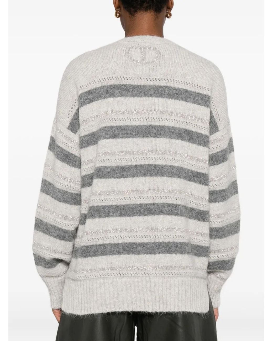 Twinset Gray Striped V-Neck Sweater