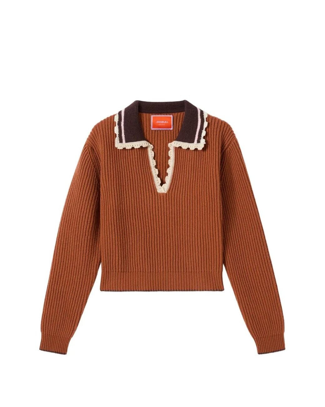 LaDoubleJ Brown Crochet-Trim Ribbed-Knit Sweater